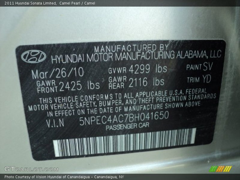 2011 Sonata Limited Camel Pearl Color Code SV