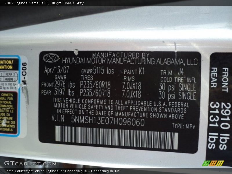 2007 Santa Fe SE Bright Silver Color Code K1