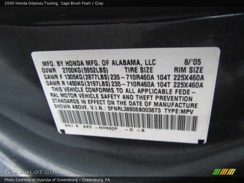 2006 Odyssey Touring Sage Brush Pearl Color Code NH662P