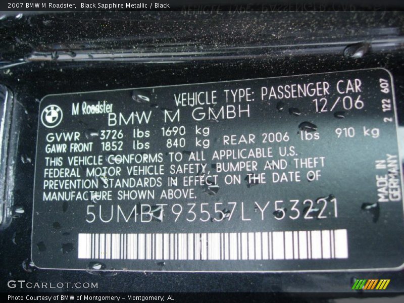 Info Tag of 2007 M Roadster