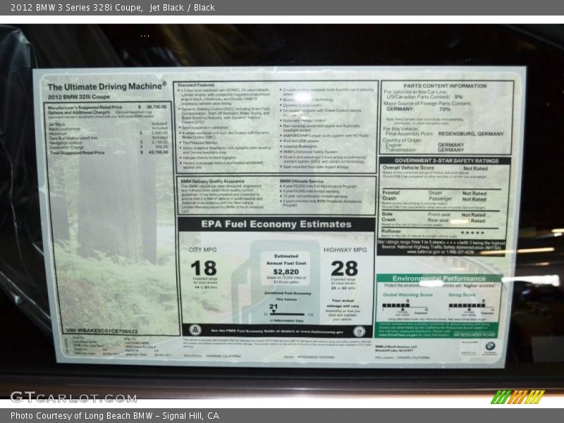  2012 3 Series 328i Coupe Window Sticker