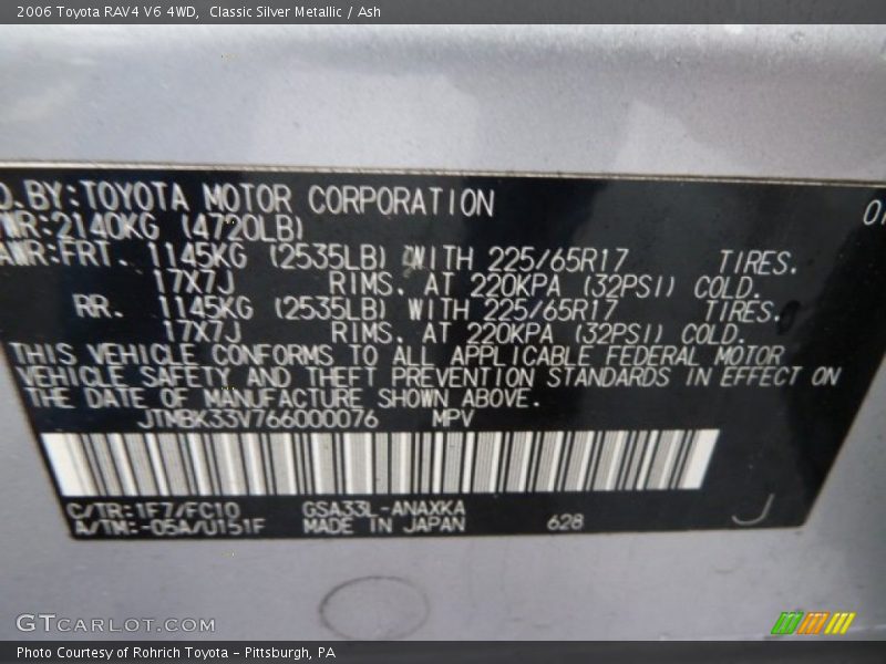 Classic Silver Metallic / Ash 2006 Toyota RAV4 V6 4WD