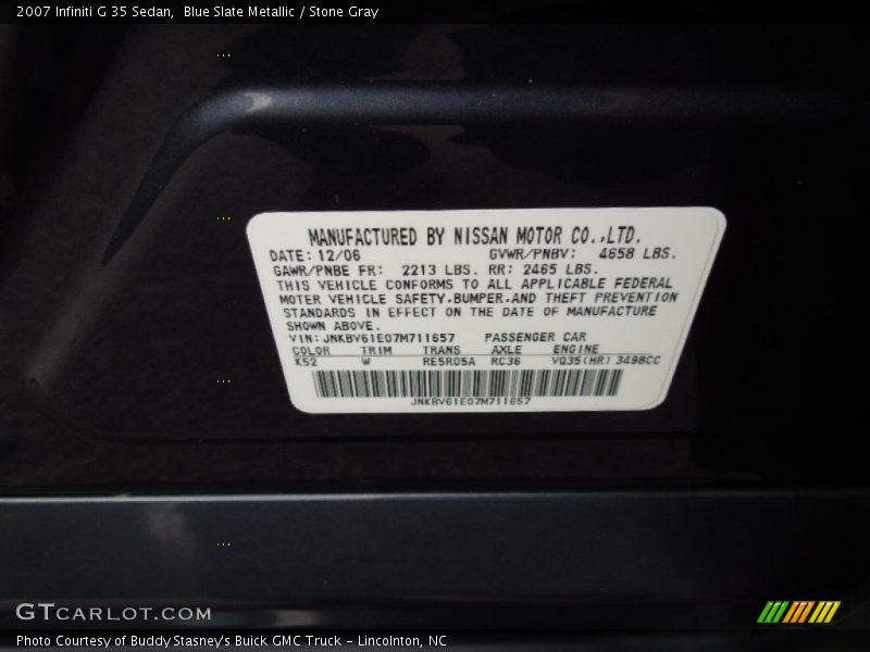 2007 G 35 Sedan Blue Slate Metallic Color Code K52