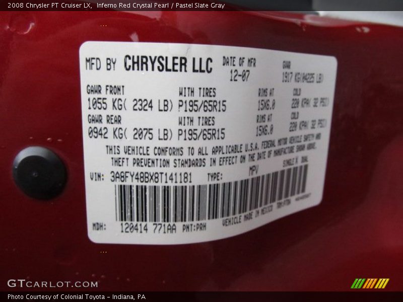 2008 PT Cruiser LX Inferno Red Crystal Pearl Color Code PRH