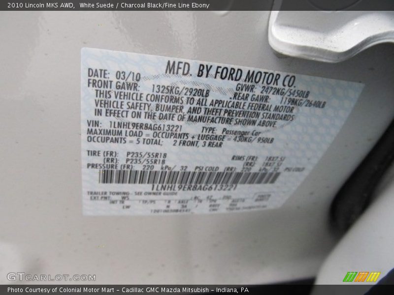 2010 MKS AWD White Suede Color Code WS