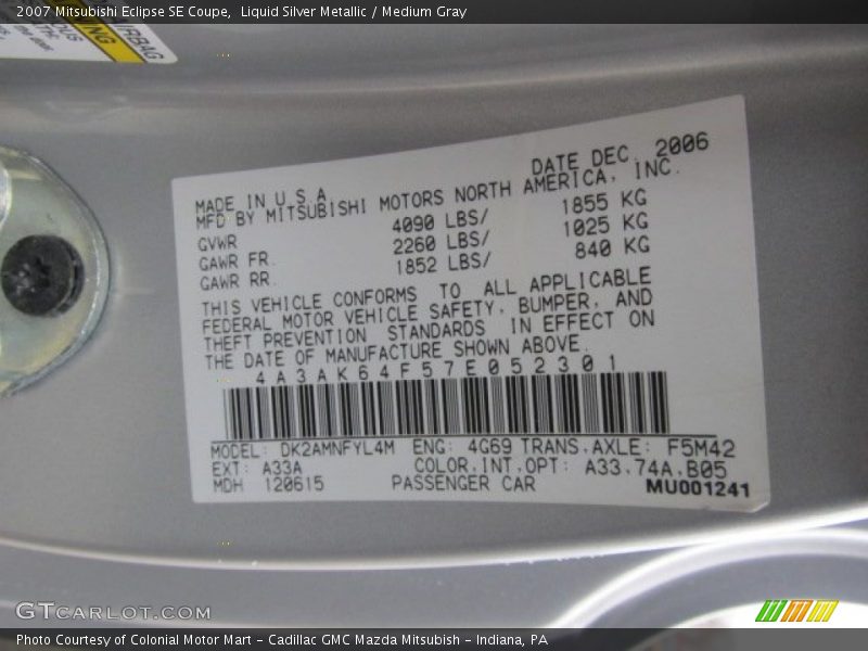 2007 Eclipse SE Coupe Liquid Silver Metallic Color Code A33
