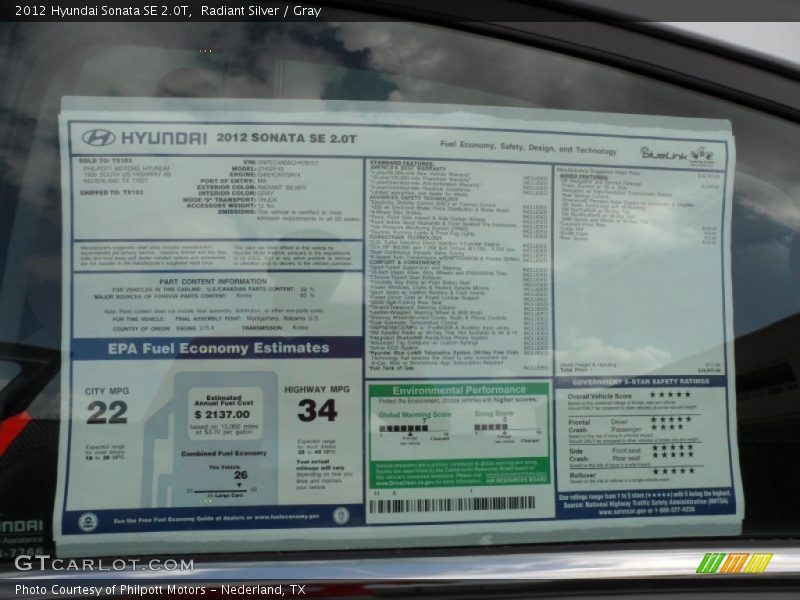  2012 Sonata SE 2.0T Window Sticker