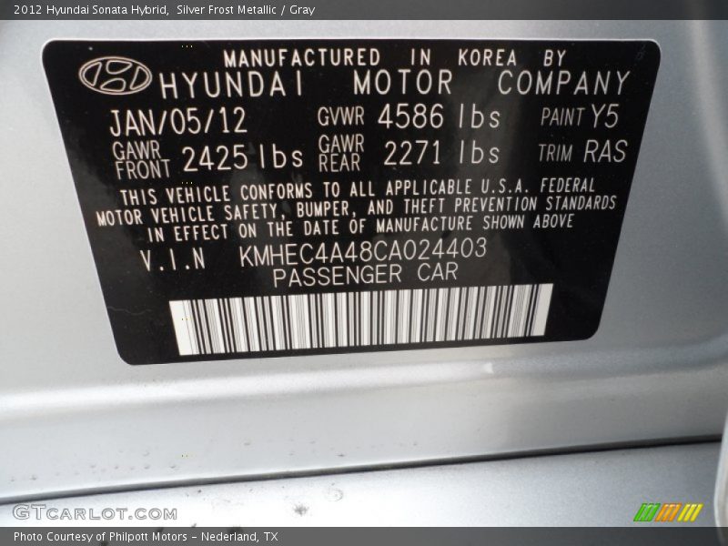 2012 Sonata Hybrid Silver Frost Metallic Color Code Y5