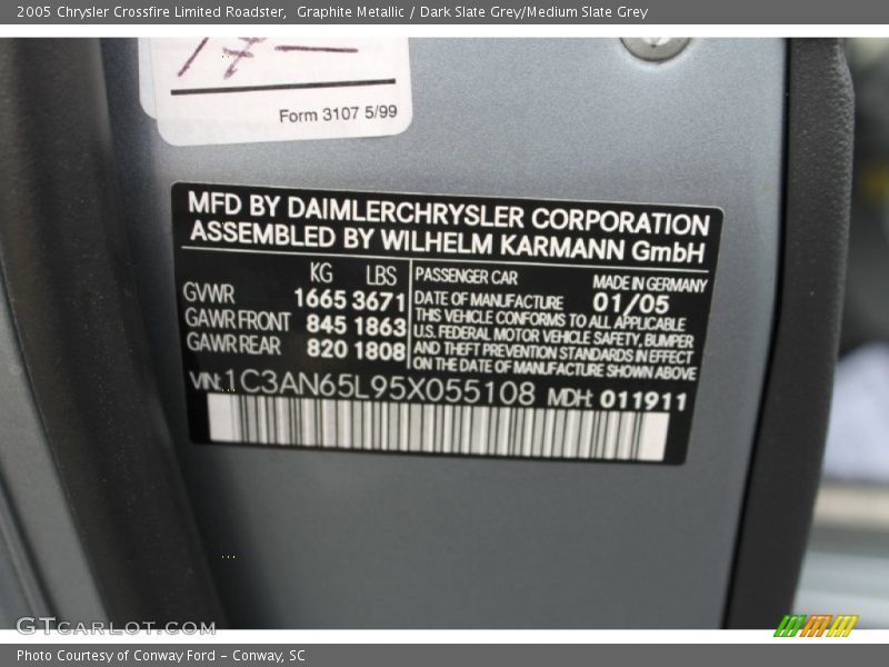 Info Tag of 2005 Crossfire Limited Roadster