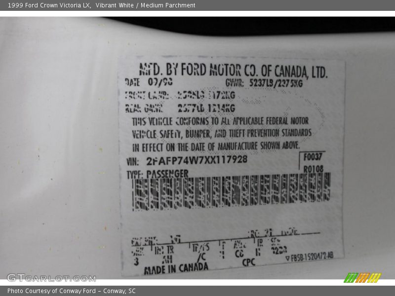 Vibrant White / Medium Parchment 1999 Ford Crown Victoria LX