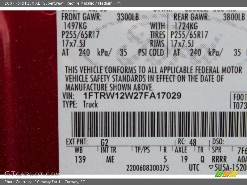 2007 F150 XLT SuperCrew Redfire Metallic Color Code G2