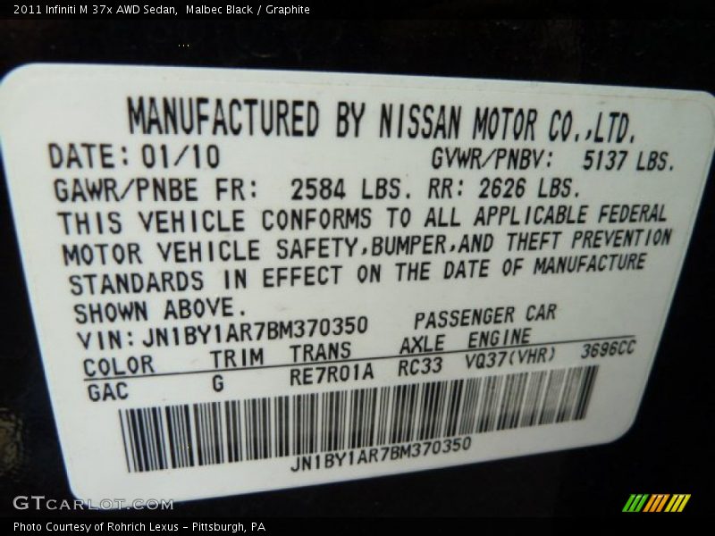 2011 M 37x AWD Sedan Malbec Black Color Code GAC