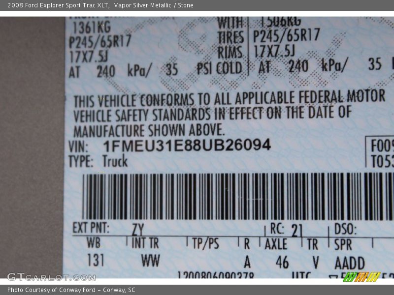 2008 Explorer Sport Trac XLT Vapor Silver Metallic Color Code ZY
