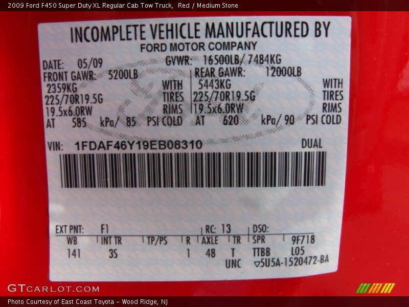 2009 F450 Super Duty XL Regular Cab Tow Truck Red Color Code F1