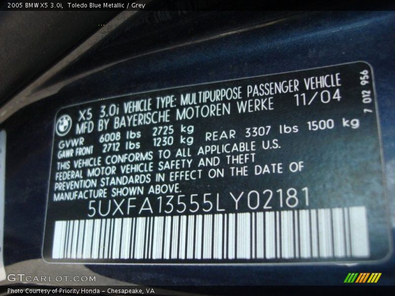 Toledo Blue Metallic / Grey 2005 BMW X5 3.0i