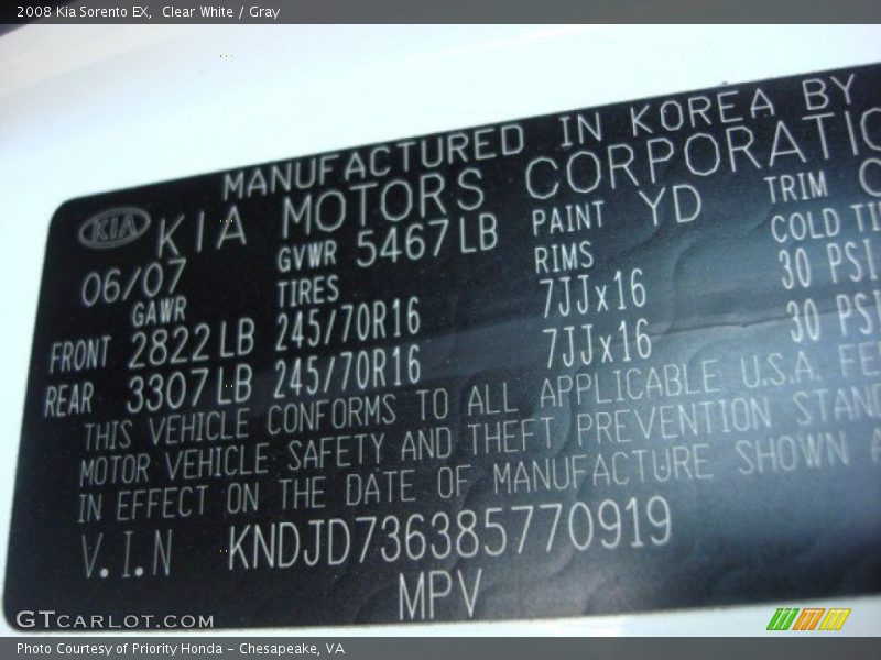 2008 Sorento EX Clear White Color Code YD