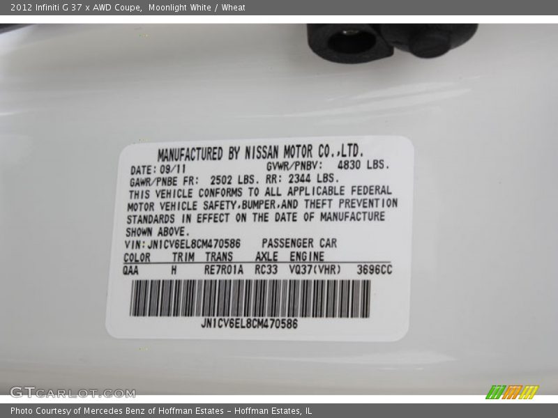 2012 G 37 x AWD Coupe Moonlight White Color Code QAA