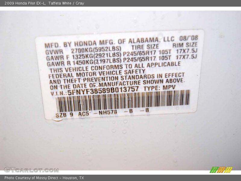 Taffeta White / Gray 2009 Honda Pilot EX-L