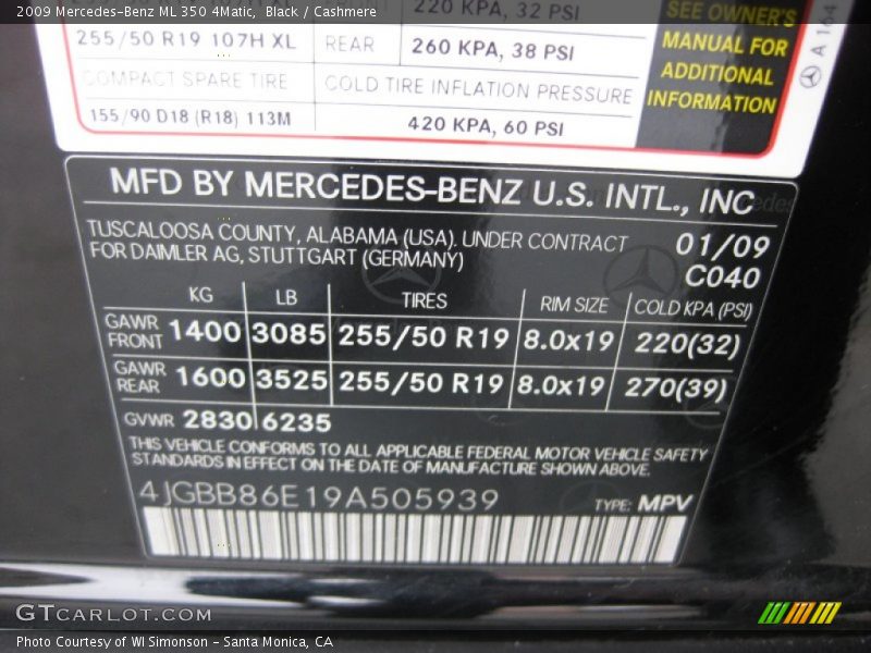 Black / Cashmere 2009 Mercedes-Benz ML 350 4Matic