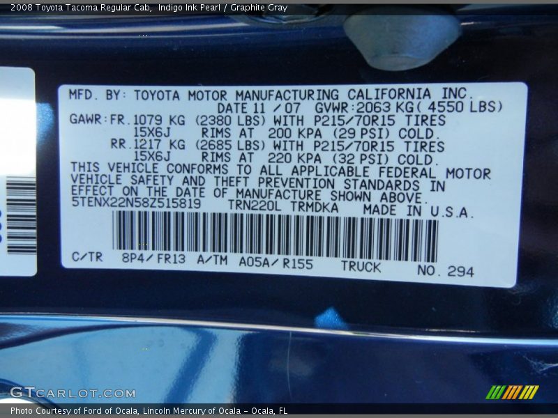 Indigo Ink Pearl / Graphite Gray 2008 Toyota Tacoma Regular Cab
