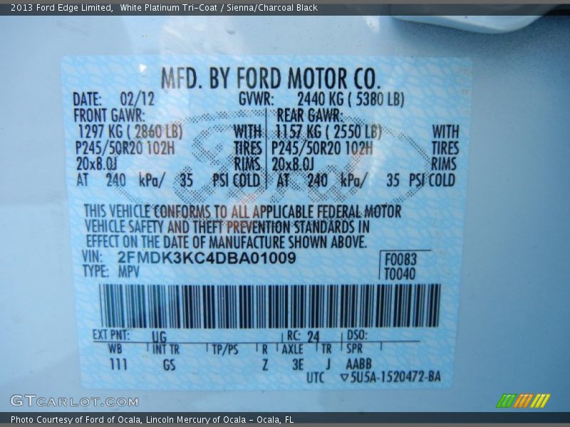 2013 Edge Limited White Platinum Tri-Coat Color Code UG