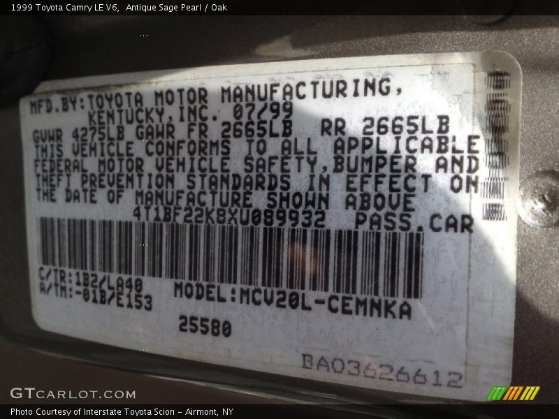 1999 Camry LE V6 Antique Sage Pearl Color Code 1B2