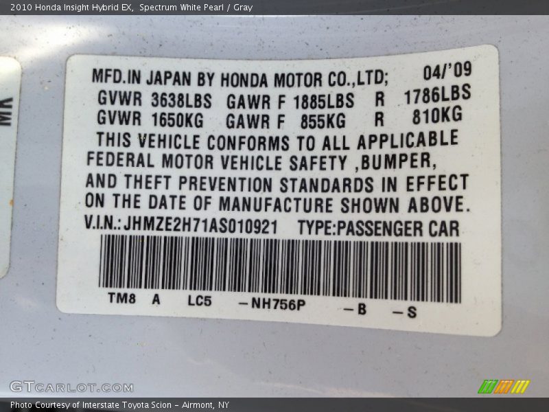 2010 Insight Hybrid EX Spectrum White Pearl Color Code NH756P