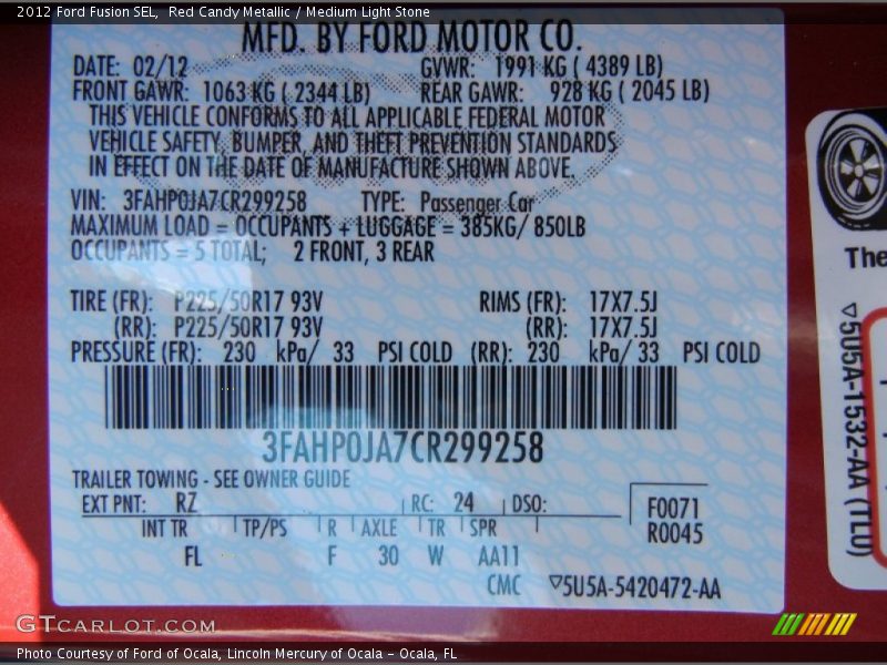 2012 Fusion SEL Red Candy Metallic Color Code RZ