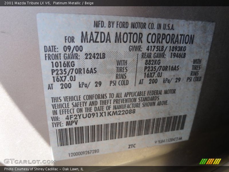Platinum Metallic / Beige 2001 Mazda Tribute LX V6