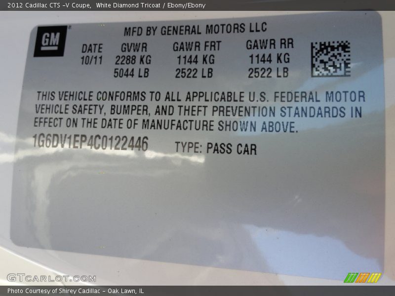 White Diamond Tricoat / Ebony/Ebony 2012 Cadillac CTS -V Coupe
