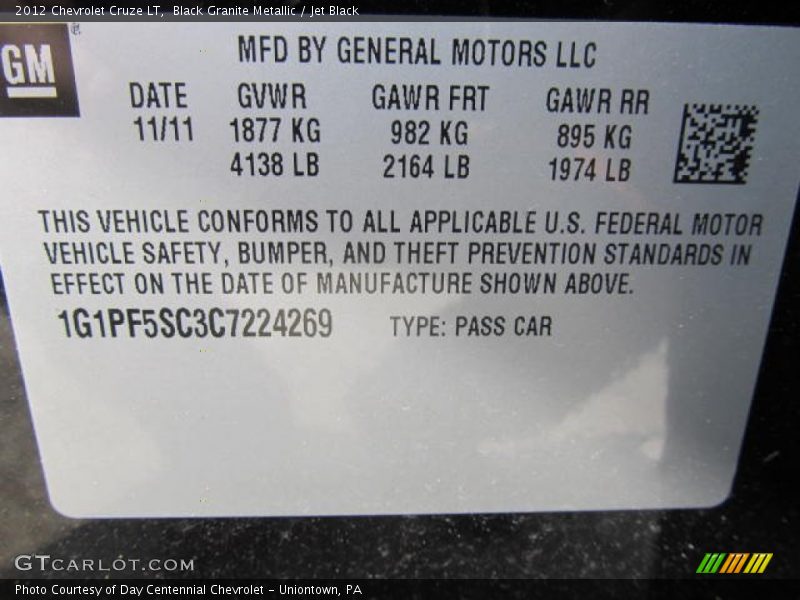 Black Granite Metallic / Jet Black 2012 Chevrolet Cruze LT
