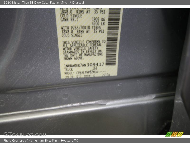 Radiant Silver / Charcoal 2010 Nissan Titan SE Crew Cab