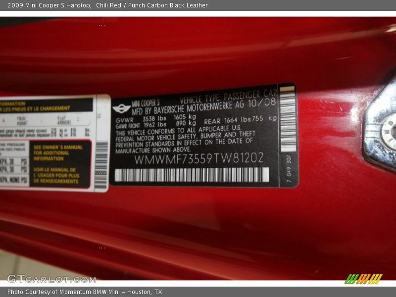 Chili Red / Punch Carbon Black Leather 2009 Mini Cooper S Hardtop