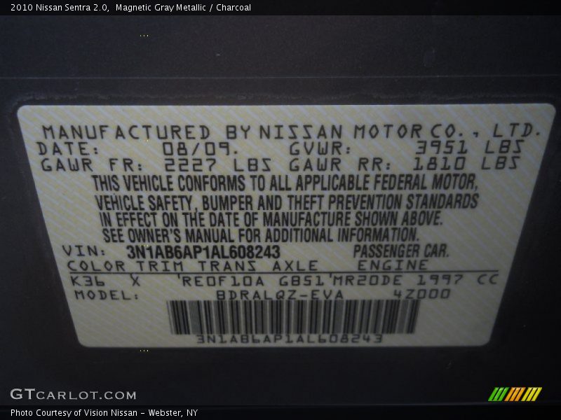 Magnetic Gray Metallic / Charcoal 2010 Nissan Sentra 2.0