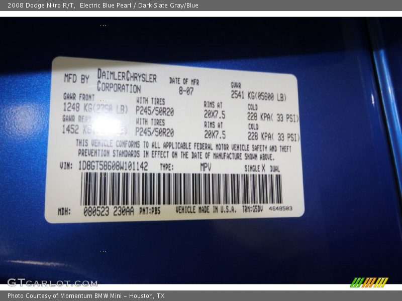 2008 Nitro R/T Electric Blue Pearl Color Code PB5