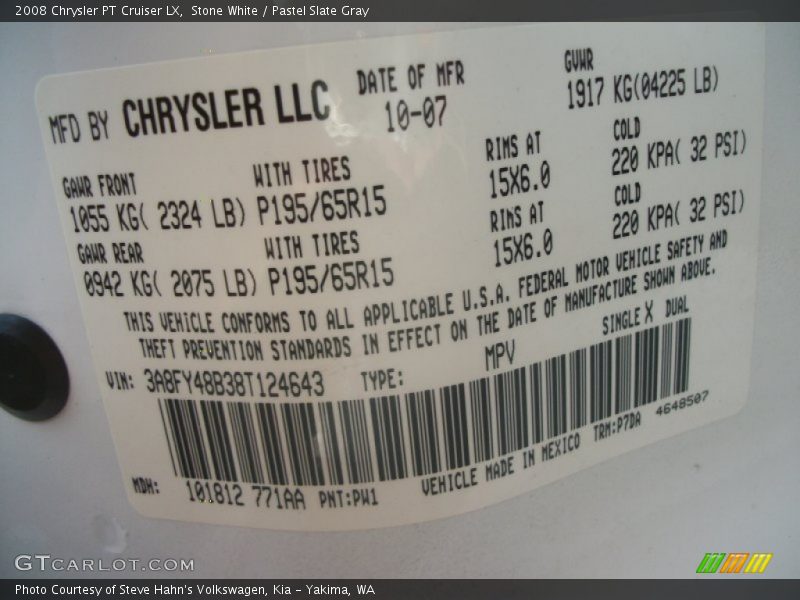 2008 PT Cruiser LX Stone White Color Code PW1