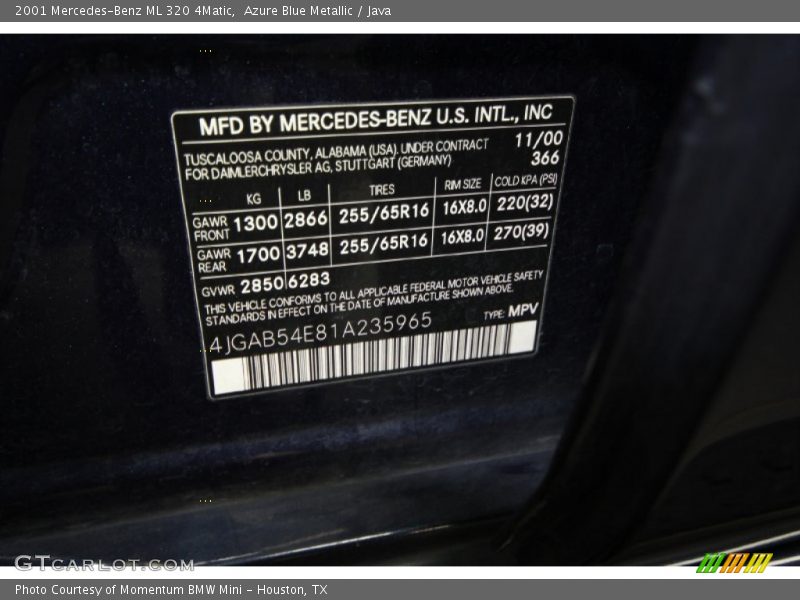 Azure Blue Metallic / Java 2001 Mercedes-Benz ML 320 4Matic