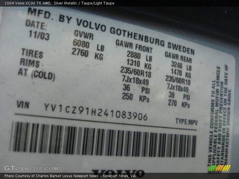 Silver Metallic / Taupe/Light Taupe 2004 Volvo XC90 T6 AWD
