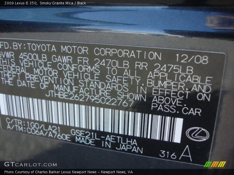 2009 IS 350 Smoky Granite Mica Color Code 1G0