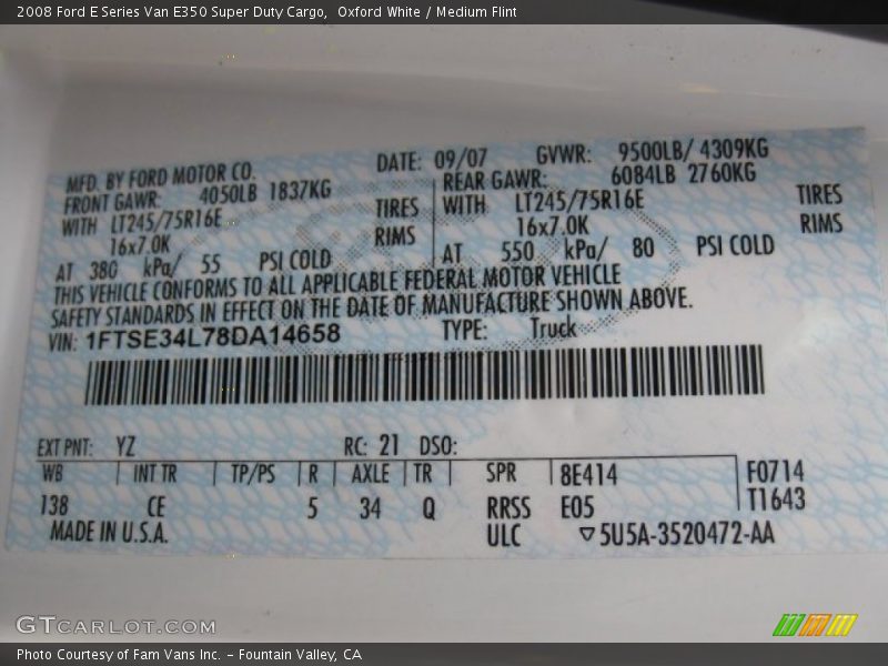 2008 E Series Van E350 Super Duty Cargo Oxford White Color Code YZ