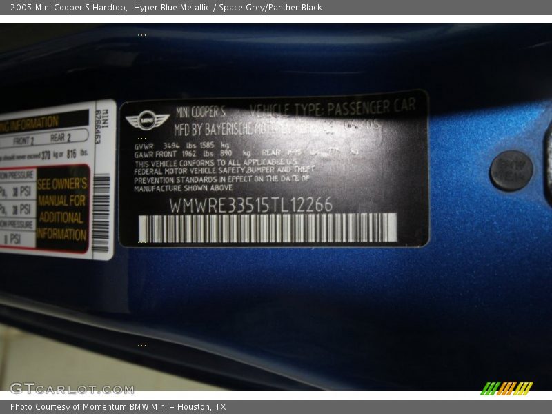 Hyper Blue Metallic / Space Grey/Panther Black 2005 Mini Cooper S Hardtop