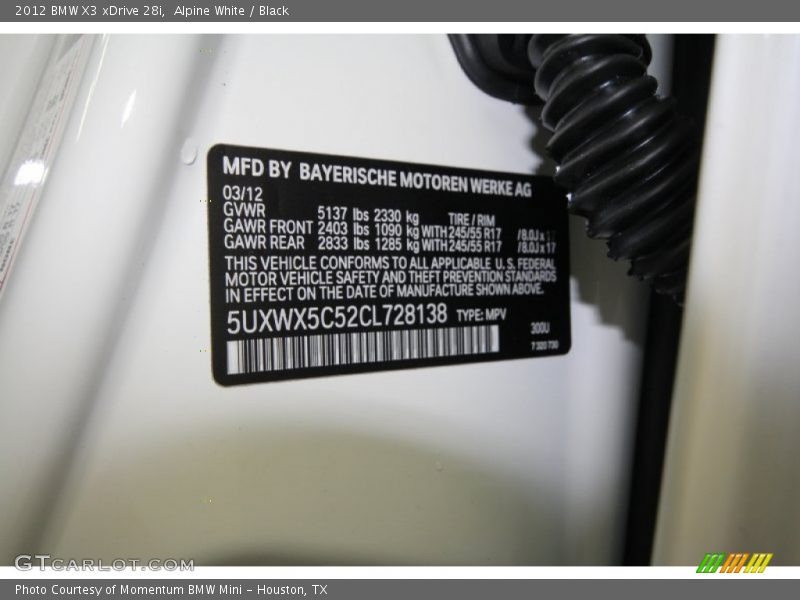 Alpine White / Black 2012 BMW X3 xDrive 28i