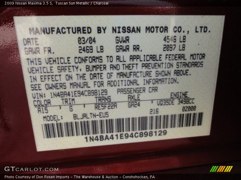 Tuscan Sun Metallic / Charcoal 2009 Nissan Maxima 3.5 S
