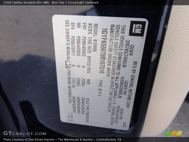 Blue Chip / Cocoa/Light Cashmere 2008 Cadillac Escalade ESV AWD