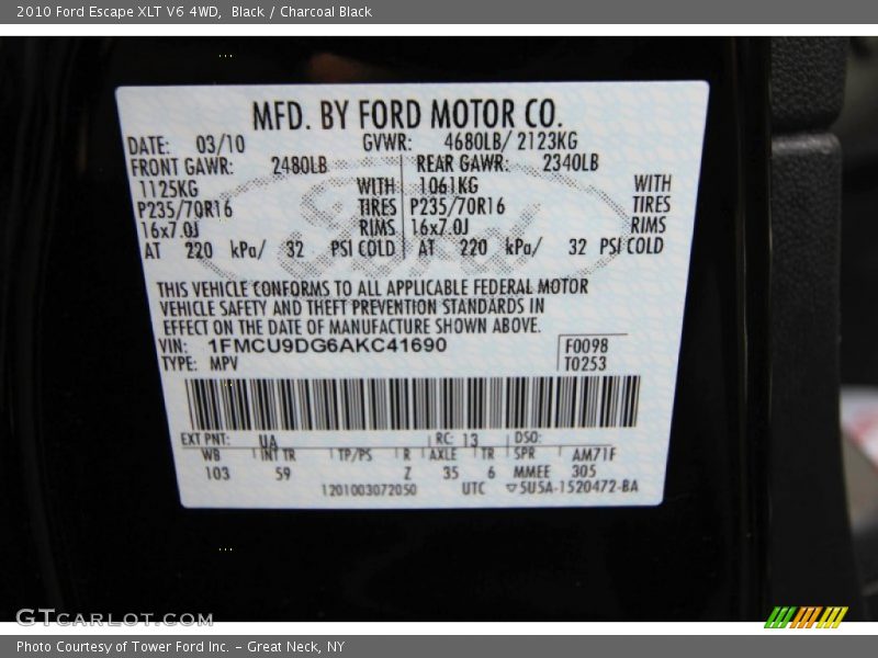 2010 Escape XLT V6 4WD Black Color Code UA
