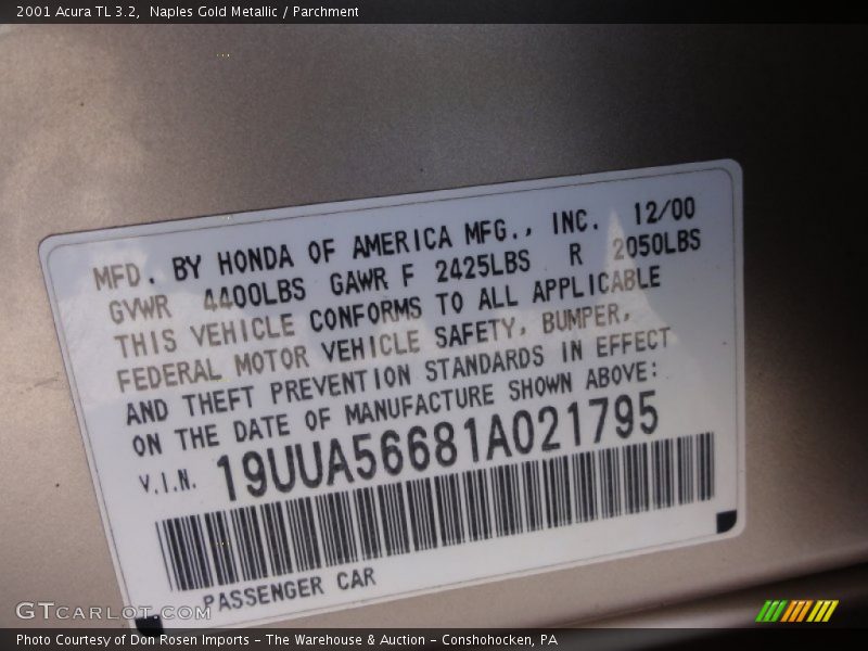 Naples Gold Metallic / Parchment 2001 Acura TL 3.2