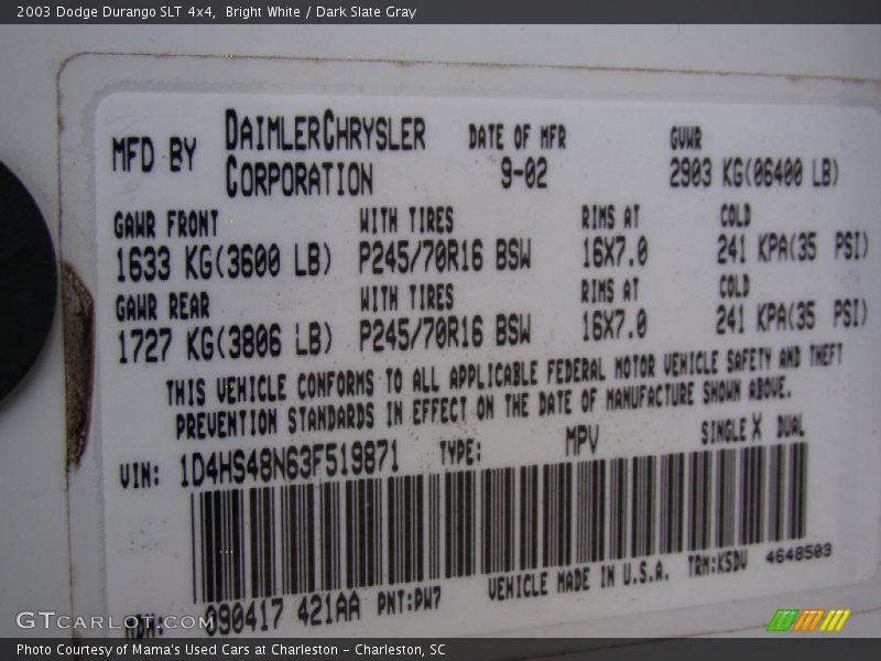 2003 Durango SLT 4x4 Bright White Color Code PW7