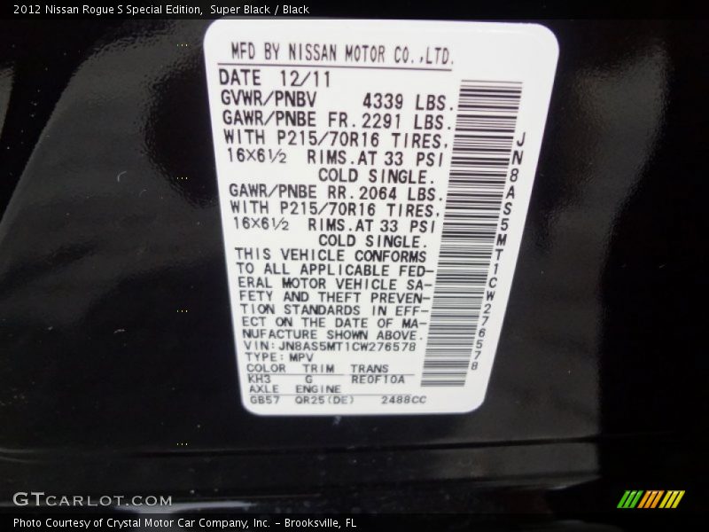 Super Black / Black 2012 Nissan Rogue S Special Edition