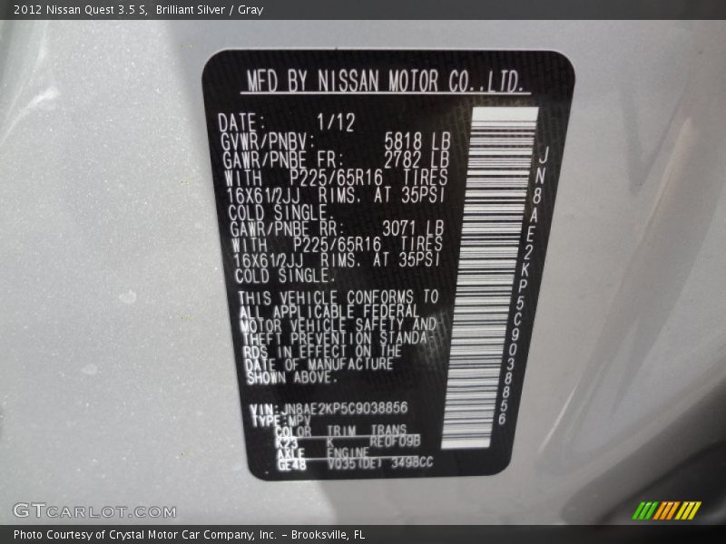 Brilliant Silver / Gray 2012 Nissan Quest 3.5 S