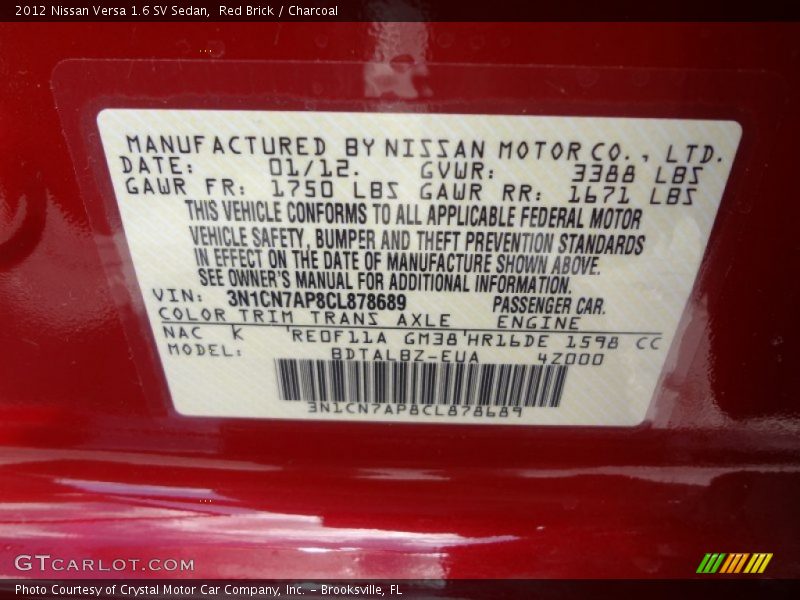 2012 Versa 1.6 SV Sedan Red Brick Color Code NAC